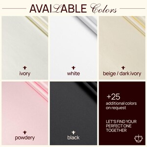 The image is a collage of six different color swatches, each representing a different color available for purchase. The colors include ivory, white, beige/dark ivory, powdery, black, and black. The image also includes text that provides additional information about the available colors, such as the number of additional colors available on request and the phrase "Let's find your perfect one together."