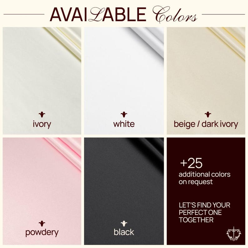 The image is a collage of six different color swatches, each representing a different color available for purchase. The colors include ivory, white, beige/dark ivory, powdery, black, and black. The image also includes text that provides additional information about the available colors, such as the number of additional colors available on request and the phrase "Let's find your perfect one together."