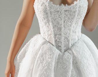 Custom Size French Lace Wedding Gown Long Train, Strapless Corset Bridal Dress with Slit