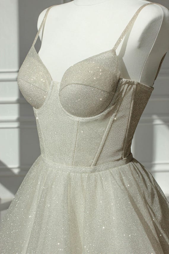 Sparkly Bustie Sorset Dress with Flared Short Skirt, Holiday Party Wear, Rehersal Dinner Outfit