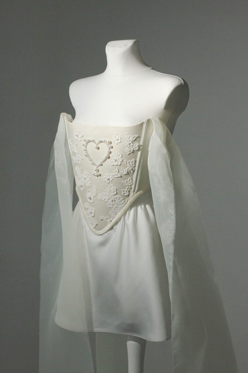 Beaded Heart Corset and Mini Satin Skirt Set for Women, Romantic Bridal Outfit image 3