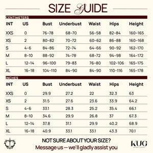 a size guide for various clothing items, including bust, underwear, waist, hips, height, and inches. The guide provides measurements for different body types, such as XS, XS/2, S, M, L, XL, and inches. The guide is designed to help customers determine the appropriate size for their clothing based on their measurements.