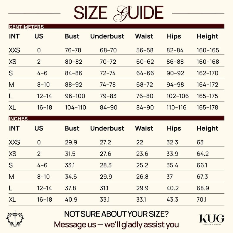a size guide for various clothing items, including bust, underwear, waist, hips, height, and inches. The guide provides measurements for different body types, such as XS, XS/2, S, M, L, XL, and inches. The guide is designed to help customers determine the appropriate size for their clothing based on their measurements.