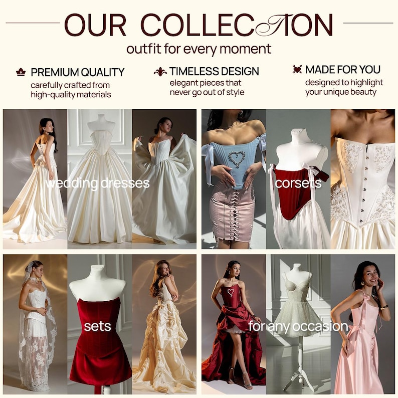 The image is a collage of various fashion items, including wedding dresses, corsets, and sets, showcasing different styles and designs.