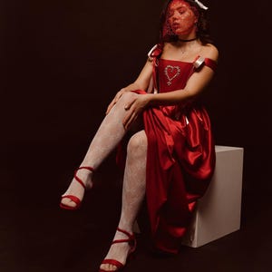 Rich Red Satin Corset Dress with Heart, Elegant Plus Size Evening Gown for Special Occasions image 11