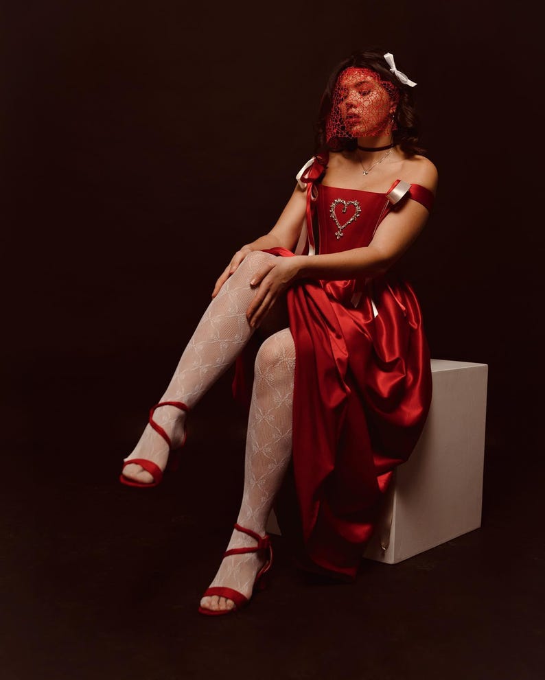 Rich Red Satin Corset Dress with Heart, Elegant Plus Size Evening Gown for Special Occasions image 11