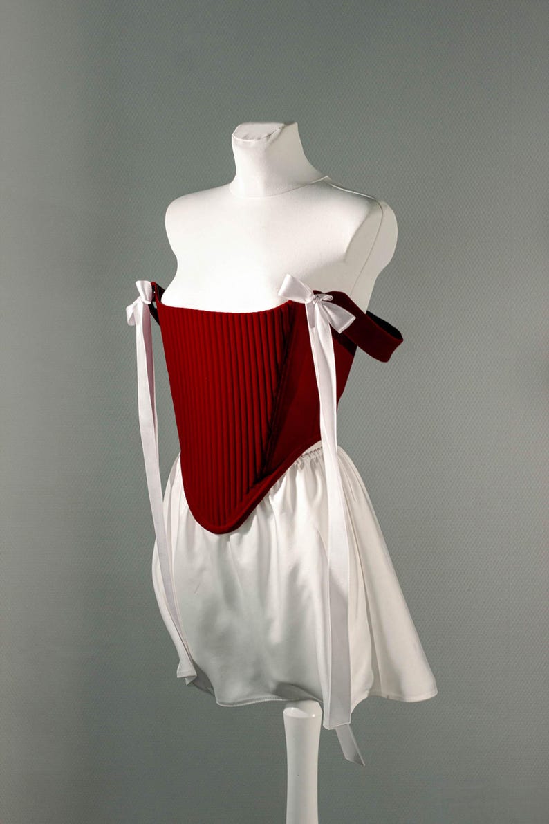 Red Velvet Corset with Satin Skirt, Romantic Two-Piece Festival Outfit image 5