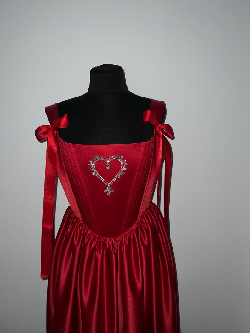 Rich Red Satin Corset Dress with Heart, Elegant Plus Size Evening Gown for Special Occasions image 7