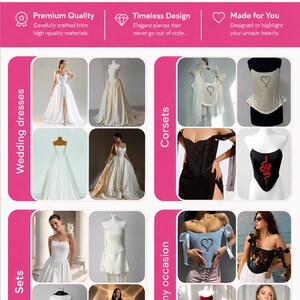 May include: A digital catalogue titled KUG OUR COLLECTION featuring various wedding dresses, corsets, and sets. The layout displays multiple garments including white gowns, black and white corsets with heart and snake motifs, and formal attire.