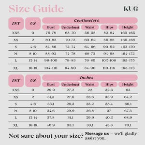 May include: Size guide with measurements in centimeters and inches. The chart includes international sizes (XXS to XL) and US sizes (0 to 16-18). Measurements are provided for bust, underbust, waist, hips, and height. The text 'Not sure about your size? Message us - we'll gladly assist you.' is at the bottom.