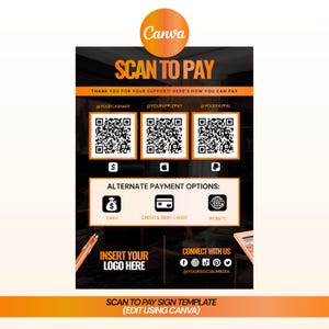 Pode incluir: Um modelo de placa de pagamento retangular com o logotipo do Canva no topo, o texto SCAN TO PAY, três códigos QR para Cash App, Apple Pay e PayPal, ícones de dinheiro, cartões de crédito e site, e uma seção para inserir logo e redes sociais.