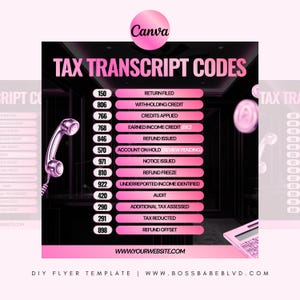 Op de afbeelding: Een roze en zwarte flyer met de titel "Tax Transcript Codes" met een lijst met codes en beschrijvingen. Het Canva-logo staat linksboven. Een vintage telefoonhoorn staat aan de linkerkant.