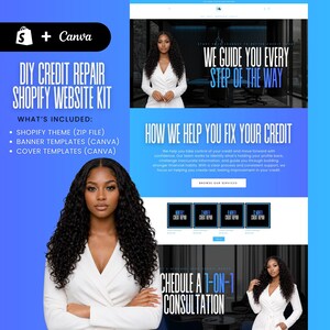 May include: A digital marketing graphic with the text "DIY CREDIT REPAIR SHOPIFY WEBSITE KIT" and "WE GUIDE YOU EVERY STEP OF THE WAY". The image includes a woman in a white blazer and the words "HOW WE HELP YOU FIX YOUR CREDIT".