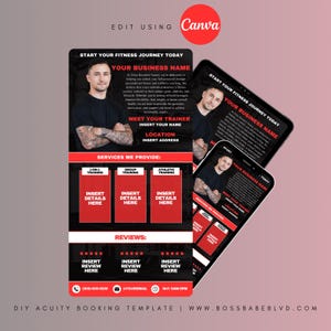 Op de afbeelding: Een zwart-rode digitale marketingtemplate voor een fitnessbedrijf. De template bevat een foto van een mannelijke fitnessinstructeur, de bedrijfsnaam, aangeboden diensten, beoordelingen en contactgegevens. De tekst "Start your fitness journey today" staat bovenaan de template.
