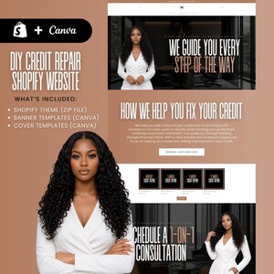 May include: A website template for DIY credit repair services, including a Shopify theme, banner templates, and cover templates. The design features a woman in a white blazer and the text "We guide you every step of the way".