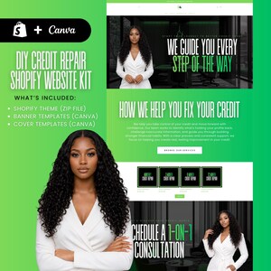 May include: A digital marketing graphic in green and white. Text includes "DIY Credit Repair Shopify Website Kit" and "We Guide You Every Step of the Way." The image features a woman in a white blazer.