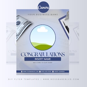 May include: A digital flyer template with a blue and white gradient background. The design includes a circular graphic with a landscape, the word "CONGRATULATIONS", and space for a name. A hundred-dollar bill is visible.