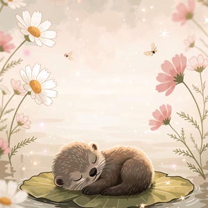 May include: A digital illustration of a small brown otter sleeping peacefully on a large green lily pad floating in water, surrounded by white and pink daisy-like flowers, soft glowing light particles, and tiny flying insects in a warm atmosphere.