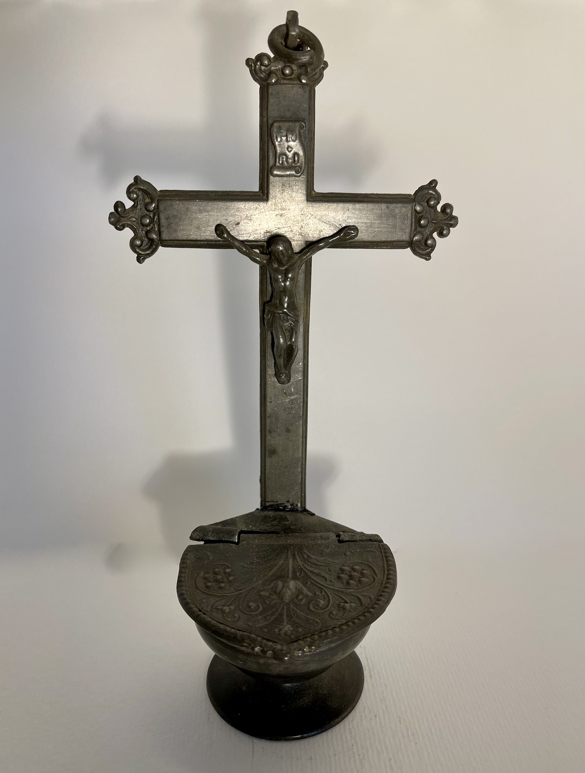 antique tin holy water bowl Jesus