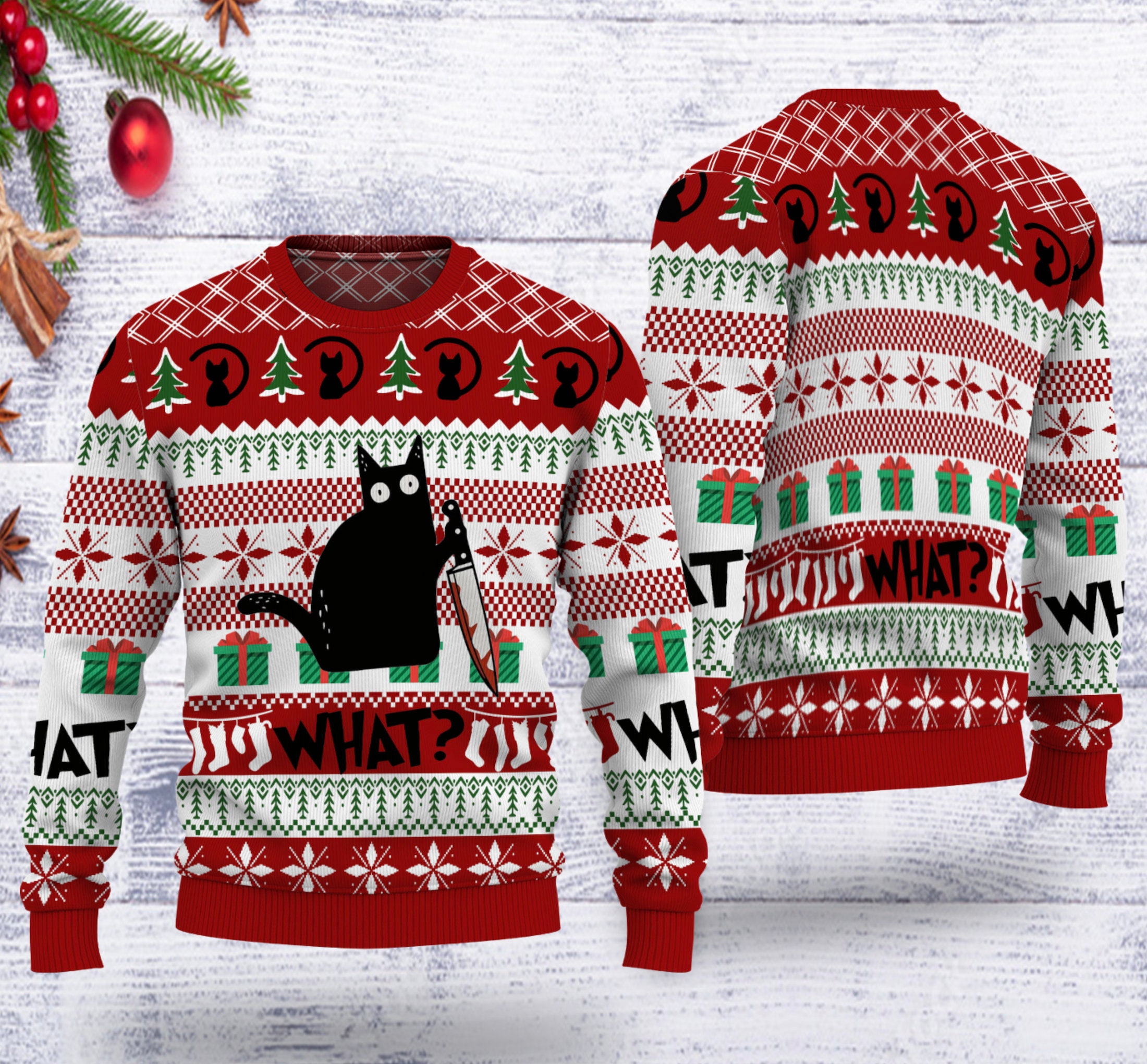 Discover What ??? Funny Black Cat What Ugly Christmas 3D Sweater