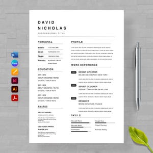 May include: A black and white resume template with the name David Nicholas at the top. The resume includes sections for personal information, education, work experience, awards, and skills. The skills section lists Microsoft Word, Microsoft Excel, Prioritization, Google Docs, Project Planning, and Business Writing.