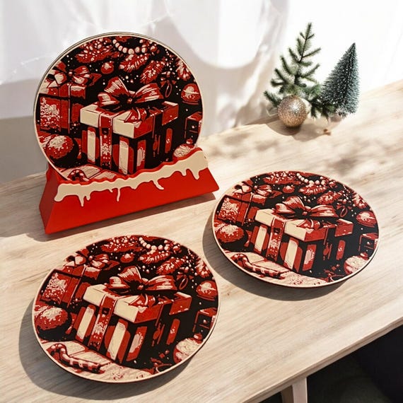 Christmas Drink Coasters Red & White Holiday Package, Festive Beverage Tabletop Mats, Christmas Gift Idea, Traditional Christmas Home Decor