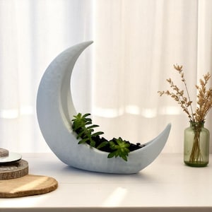 May include: A light gray ceramic moon-shaped planter filled with green succulents. The planter has a textured surface and sits on a white table. A small glass vase with dried flowers is to the right.