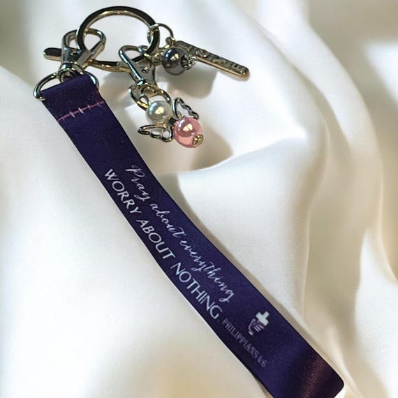 Purple Angel Wristlet Keychain, Pray About Everything Scripture Keyring, Christian Encouragement Gift