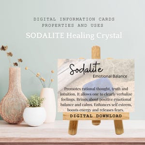 Cartão com o significado do cristal de sodalita, presentes metafísicos de pedras, propriedades do cristal, usos da energia de cura, cartão com informações sobre espécimes de rocha para impressão