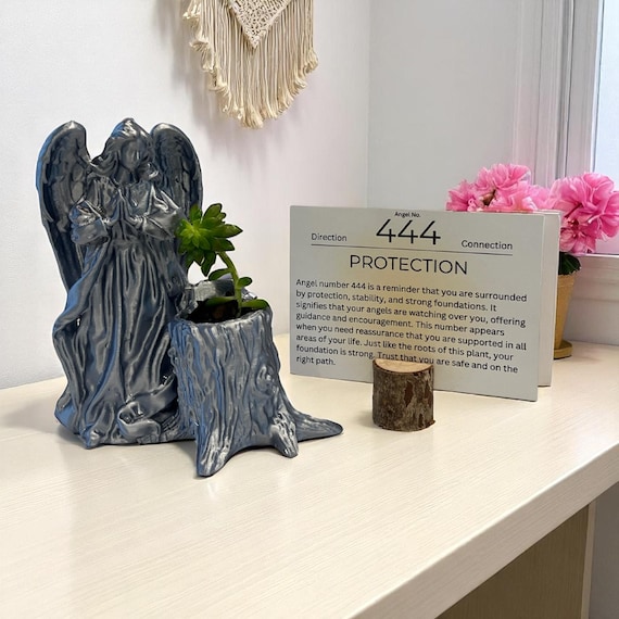 Silver Angel 444 Succulent Planter with Sedum Adolphi, Spiritual Protection and Guidance Gift