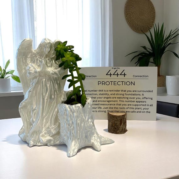 White Angel 444 Succulent Planter with Sedum Adolphi, Spiritual Protection Plant Gift Décor