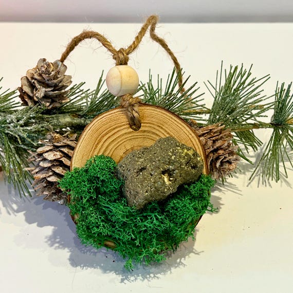 Cottage Wealth and Warmth Ornament Pyrite, Crystal Home Blessing Charm, Wood Slice Moss Cottagecore Decor