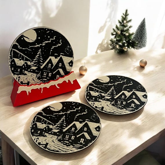 Christmas Drink Coasters Snowy Night Black and White, Winter Coasters, Holiday Decor, Christmas Drinkware, Minimalist Holiday Table Coasters