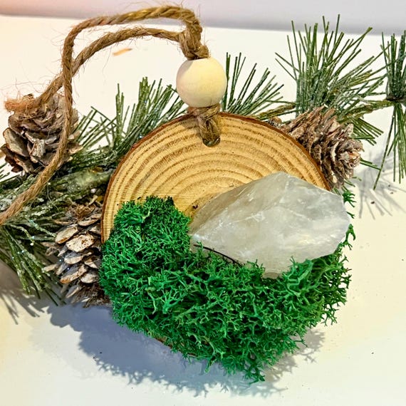 Cottage Clarity Blessing Ornament Clear Quartz, Crystal Home Charm Wood Slice, Moss Cottagecore Window or Tree Hanging Decor