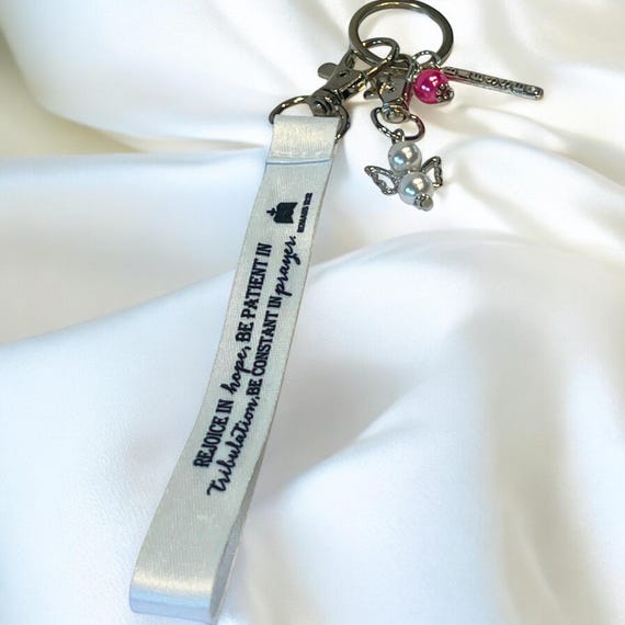 White Wristlet Keychain, Christian Encouragement Keyring, Rejoice in Hope Scripture Gift