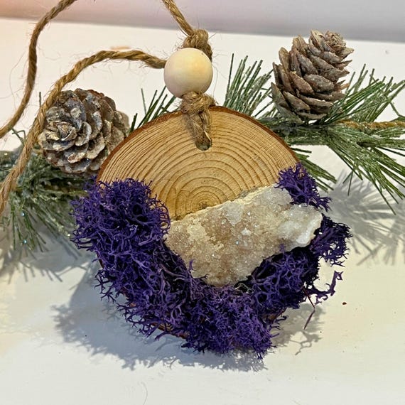 Cottage Light Blessing Ornament Moroccan Geode, Crystal Charm Wood Slice Moss Cottagecore Decor Window or Tree Hanging