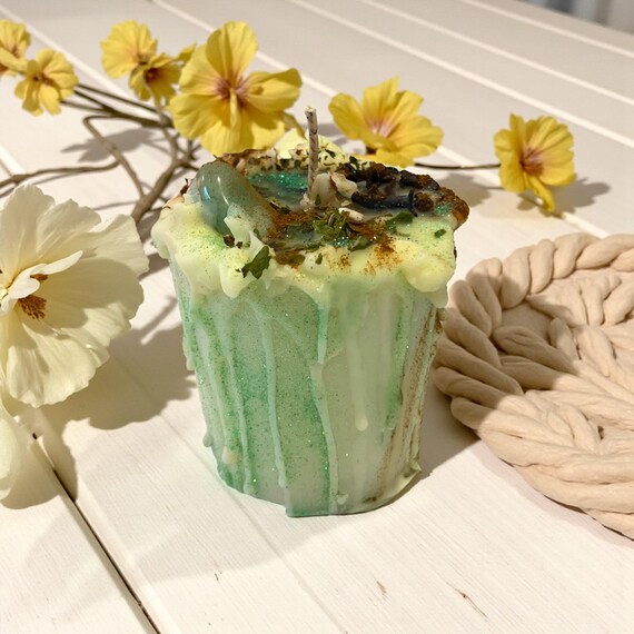 Green Aventurine Drip Candle with Herbs: Intentional Prosperity & Abundance Crystal