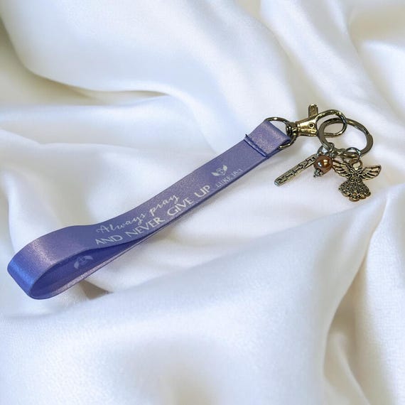 Lilac Wristlet Keychain for Women, Pray Without Ceasing Scripture Keychain, Angel & Bead Charm