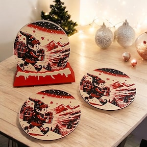 Christmas Elf Drink Coasters: Red and White Holiday Decor