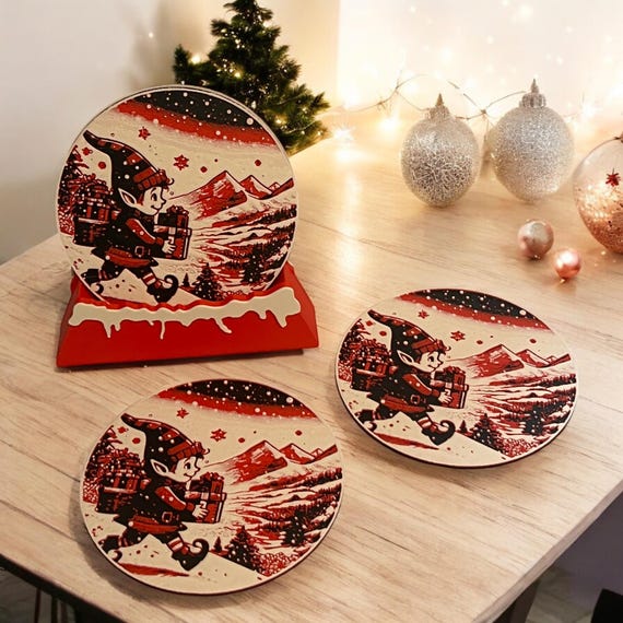Christmas Drink Coasters Red and White Holiday Elf, Festive Drinkware, Holiday Party Coasters, Christmas Decor, Elf Themed Drink Coasters