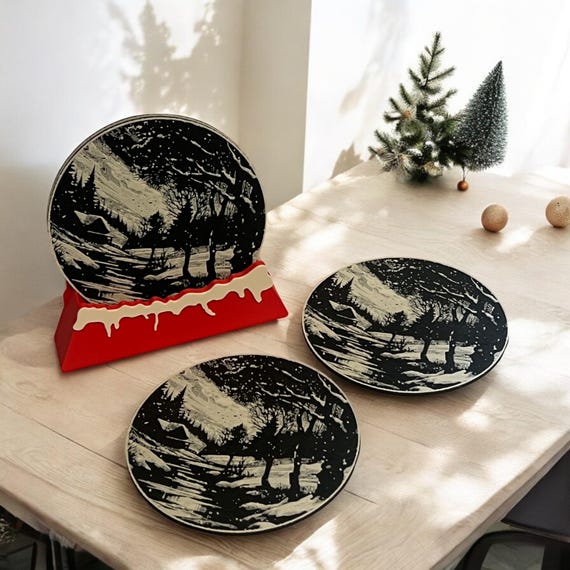 Christmas Drink Coasters Snowy Landscape Black and White, Winter Scene Coasters, Holiday Drinkware, Minimalist Christmas Decor, Beverage Mat