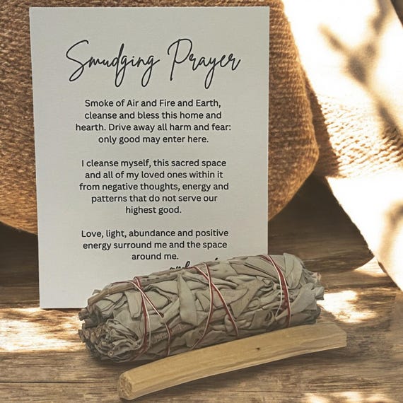 Smudging Prayer Card with Sage Wand & Palo Santo Stick, Spiritual Cleansing Kit, Meditation Tools, Energy Ritual Gift Set, Mindful Supplies