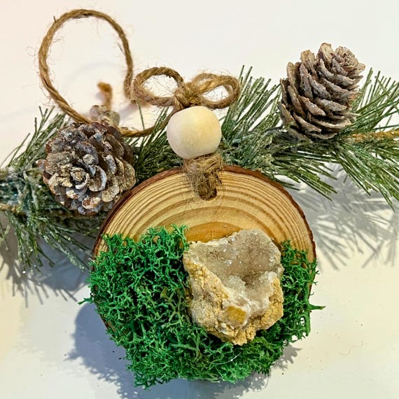 Geode Blessing Ornament on Rustic Wood Slice, Cottagecore Window Decor, Crystal Tree Hanging