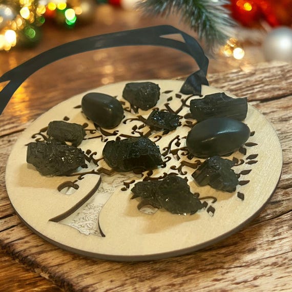 Wood Tree of Life Ornament Car Charm with Black Tourmaline, Protective Sun Catcher, Raw Crystal Window Light Catcher, Altar Meditation Decor