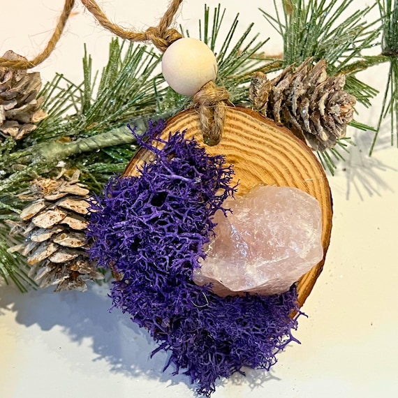 Cottage Heart Blessing Ornament Rose Quartz, Crystal Wood Slice Moss Cottagecore Window or Tree Hanging