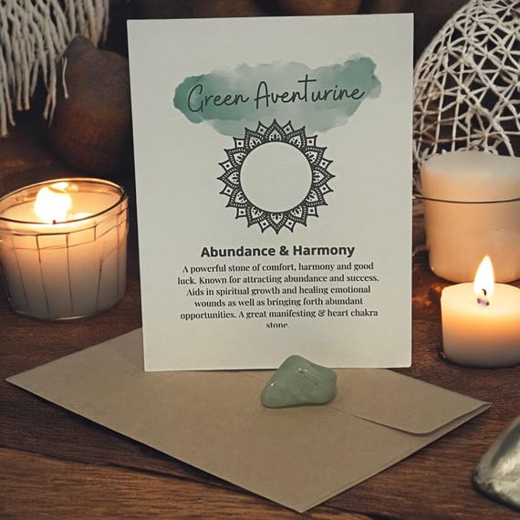Green Aventurine Crystal Meaning Card with Luck Stone, Healing Properties, Meditation Crystal, Crystal Grid Gemstone, Budget Spiritual Gift