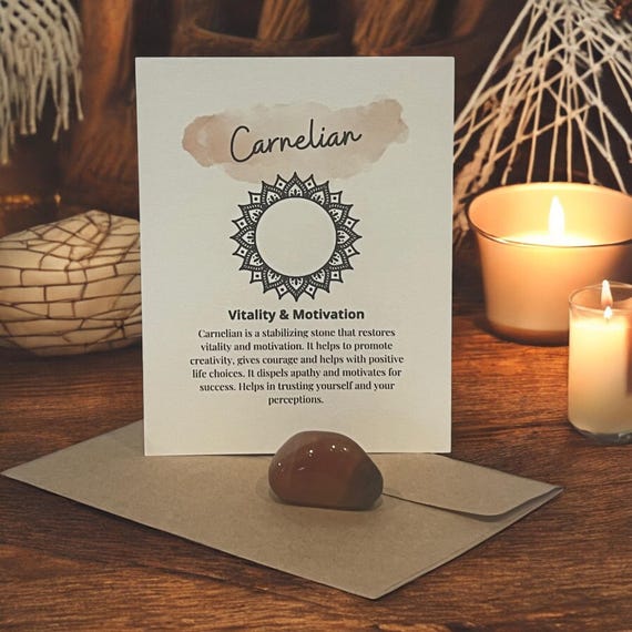 Carnelian Crystal Meaning Card with Creativity Energy Stone, Budget-Friendly Gift, Motivation Tool, Stocking Stuffer, Crystal Greeting Card