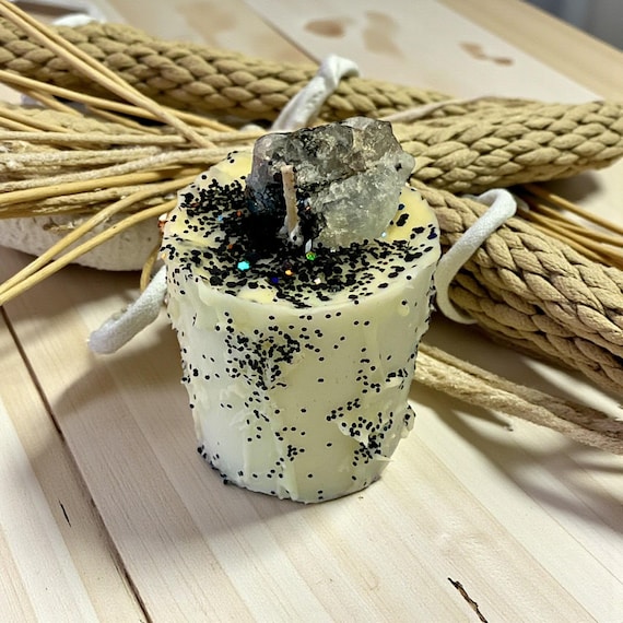 Intention Votive Drip Candle: Moonstone Crystal with Black Glitter Drip