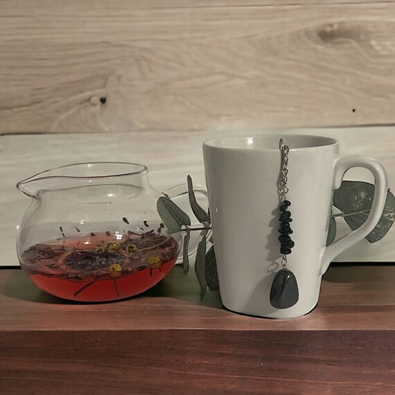 Hematite and Black Tourmaline Crystal Tea Steeper, Loose Leaf Grounding Tea Brew, Protection & Balance Diffuser, Mindful Living Cup Charm