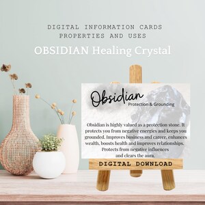 Cartão com o significado do cristal de obsidiana, presentes metafísicos de pedras, propriedades dos cristais, usos da energia de cura, cartão com informações sobre espécimes de rocha para impressão